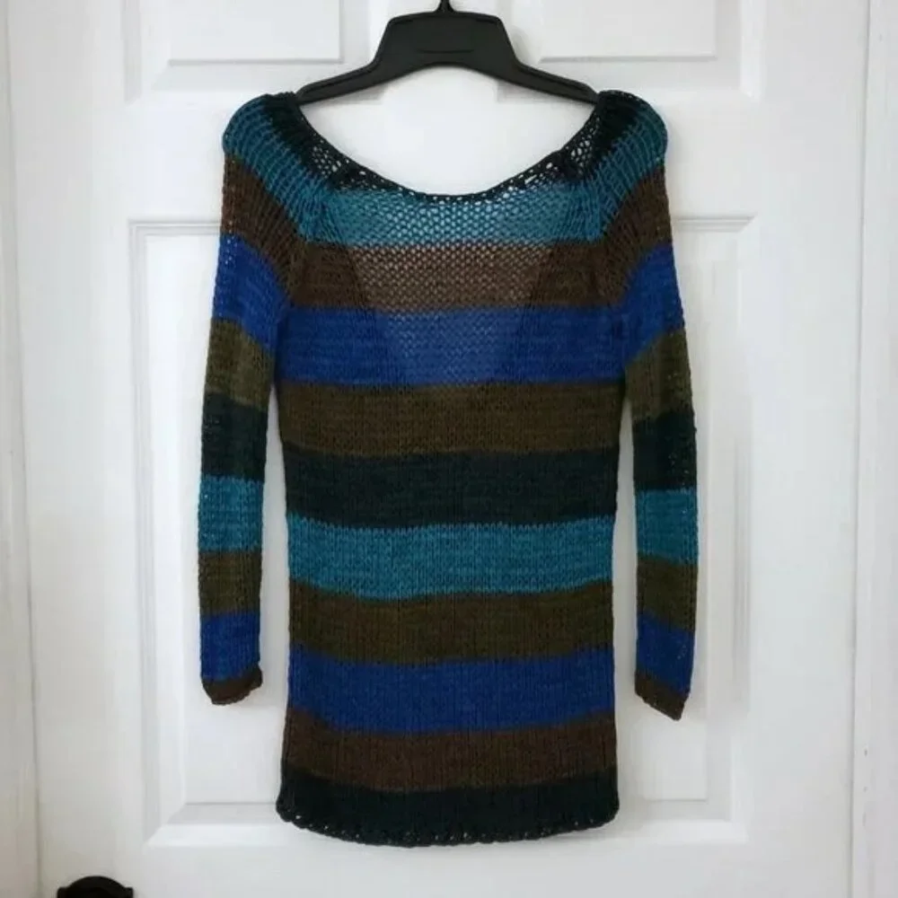 Theory Striped Knit Yarn Crochet Scoop Back Academia Edgy Grunge Sweater
